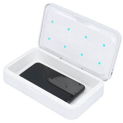 phone sanitizing device using uv light with phone inside on white background