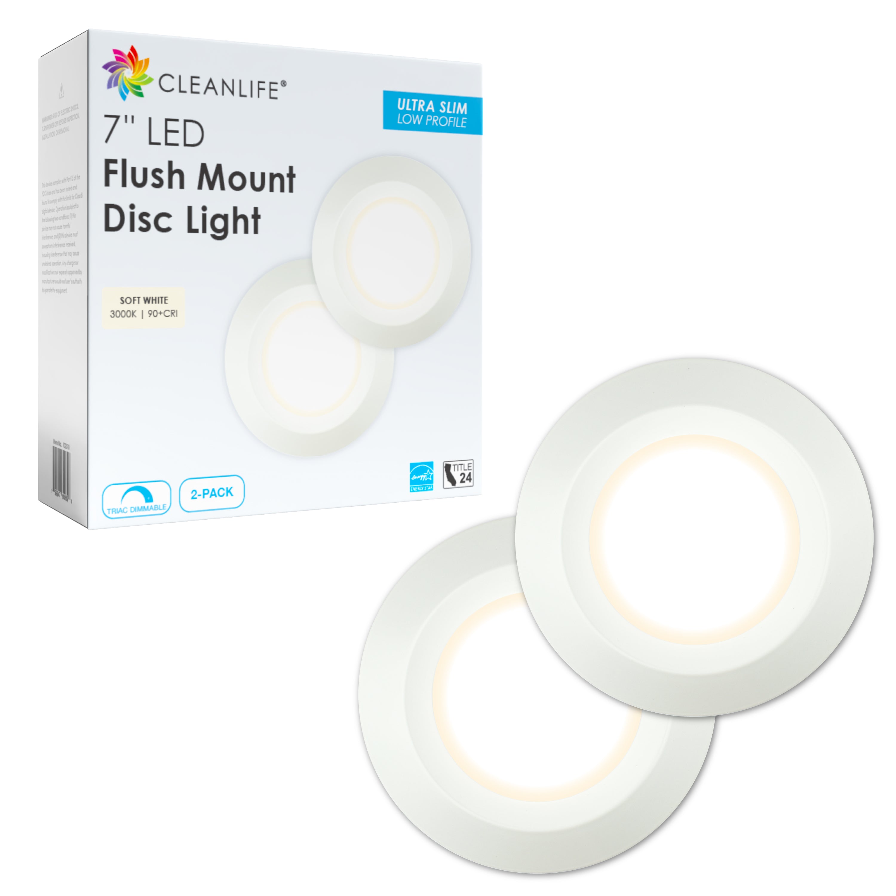CLEANLIFE® 120VAC 7" LED Flush Mount Disc Light (2-Pack)