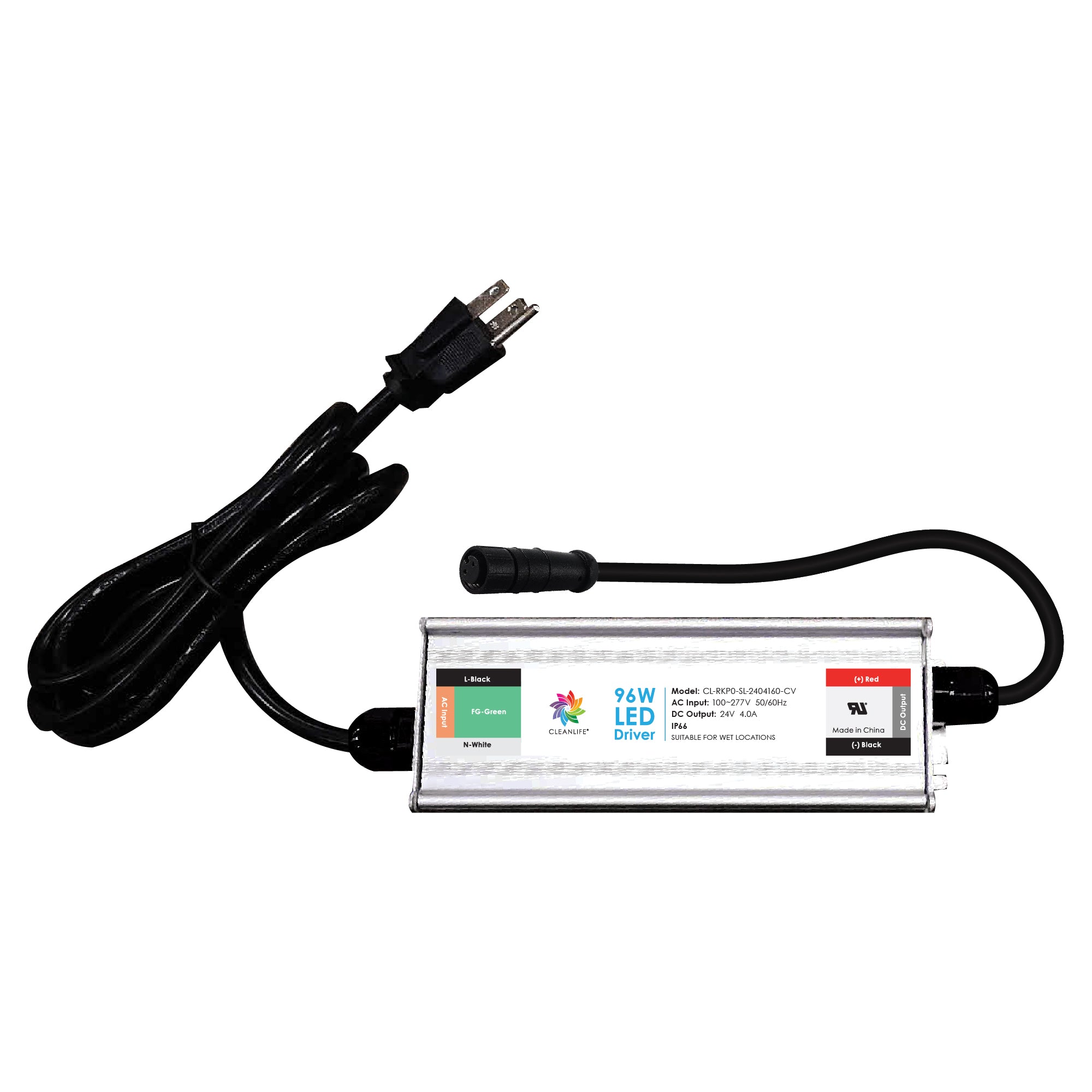 CLEANLIFE® LED Driver 24V 96W with IP66 Connector and AC Plug