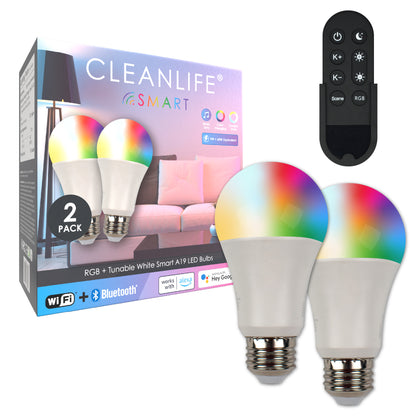CLEANLIFE® Smart 120VAC A19 RGB + Tunable White LED Light Bulbs 2-Pack with Remote Control