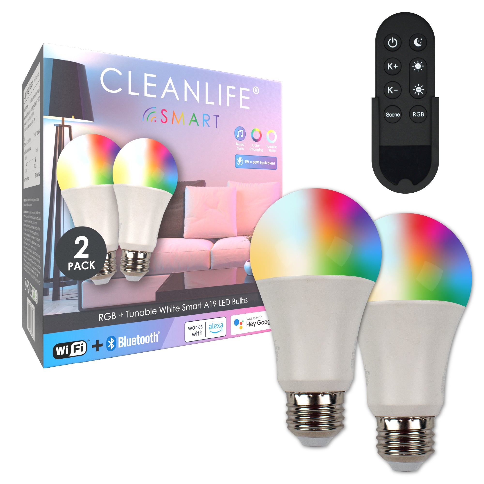 CLEANLIFE® Smart 120VAC A19 RGB + Tunable White LED Light Bulbs 2-Pack with Remote Control