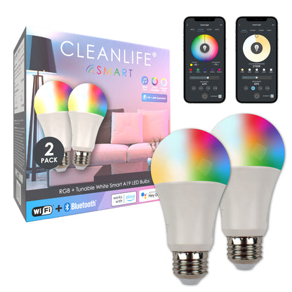 CLEANLIFE® Smart 120VAC A19 RGB + Tunable White LED Light Bulb (WiFi + Bluetooth)
