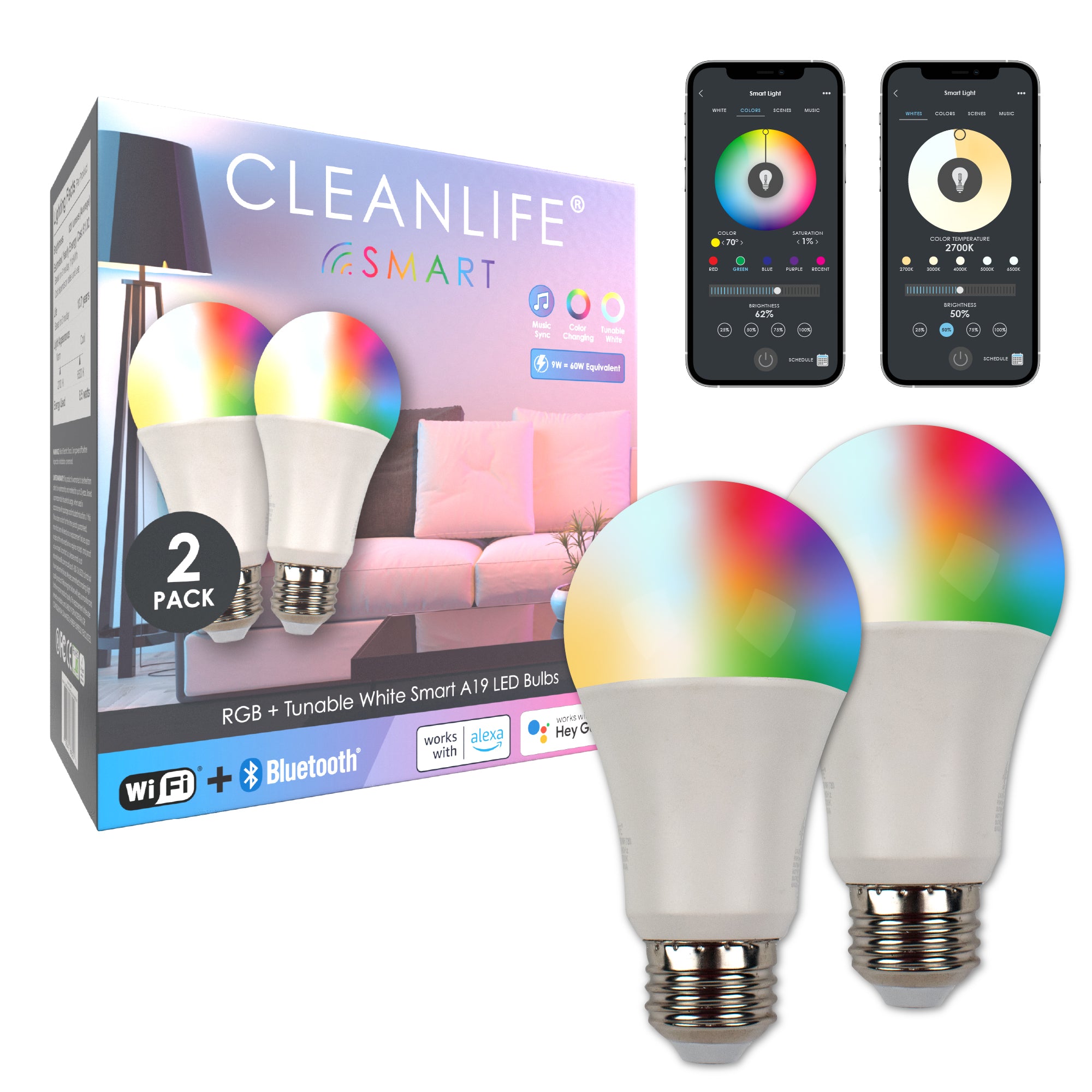 CLEANLIFE® Smart 120VAC A19 RGB + Tunable White LED Light Bulb (WiFi + Bluetooth)