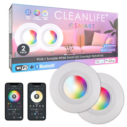 CLEANLIFE® 5/6" 120VAC Smart LED Retrofit Downlight - RGB+Tunable White, WiFi + Bluetooth