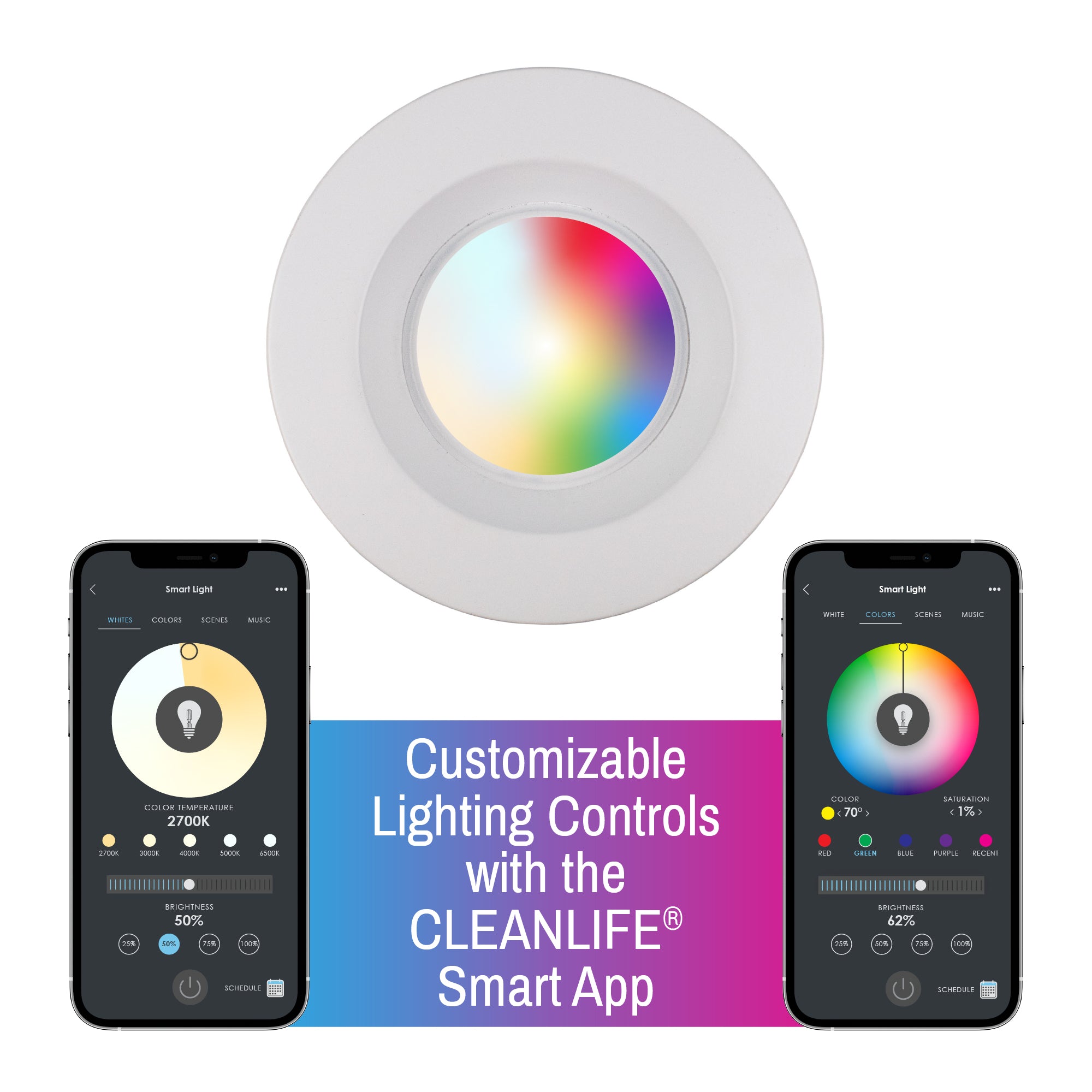 CLEANLIFE® 5/6" 120VAC Smart LED Retrofit Downlight - RGB+Tunable White, WiFi + Bluetooth