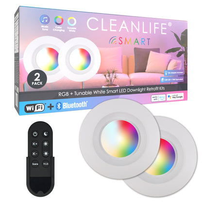 CLEANLIFE® 120VAC 5/6" Smart LED Downlights 2-Pack with Smart Remote Control Bundle