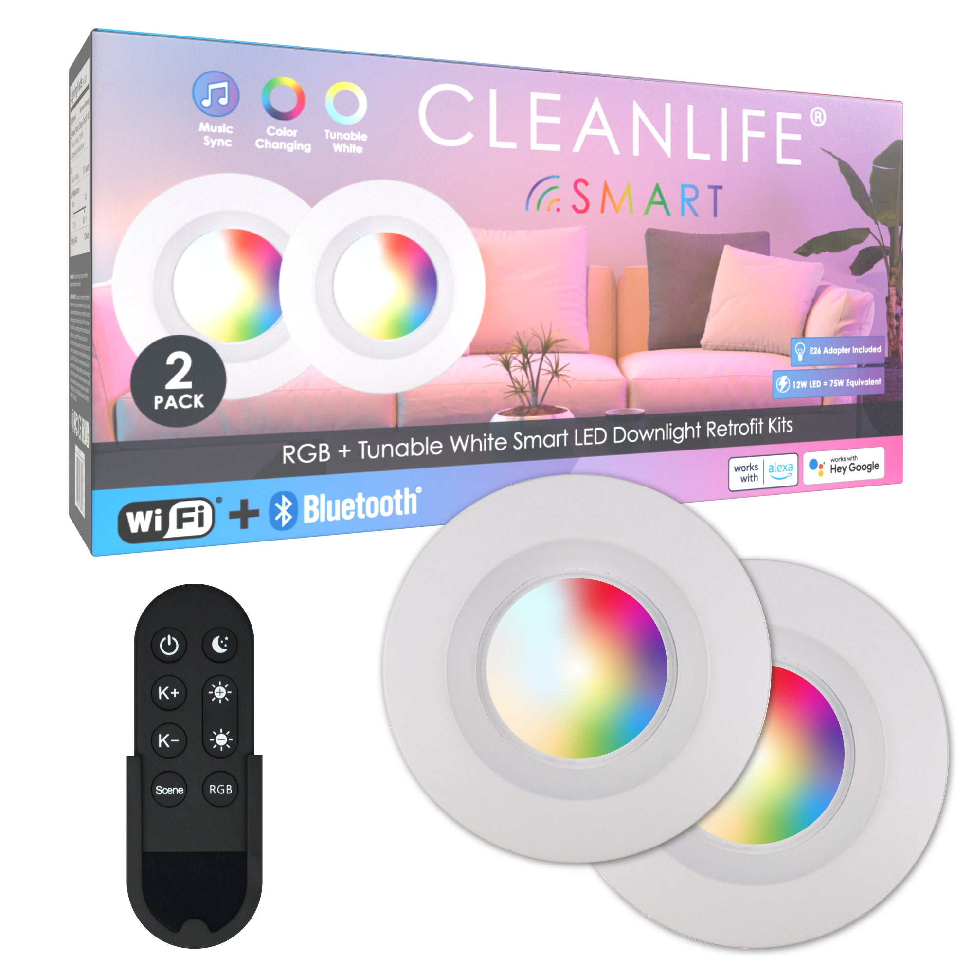 CLEANLIFE® 120VAC 5/6" Smart LED Downlights 2-Pack with Smart Remote Control Bundle