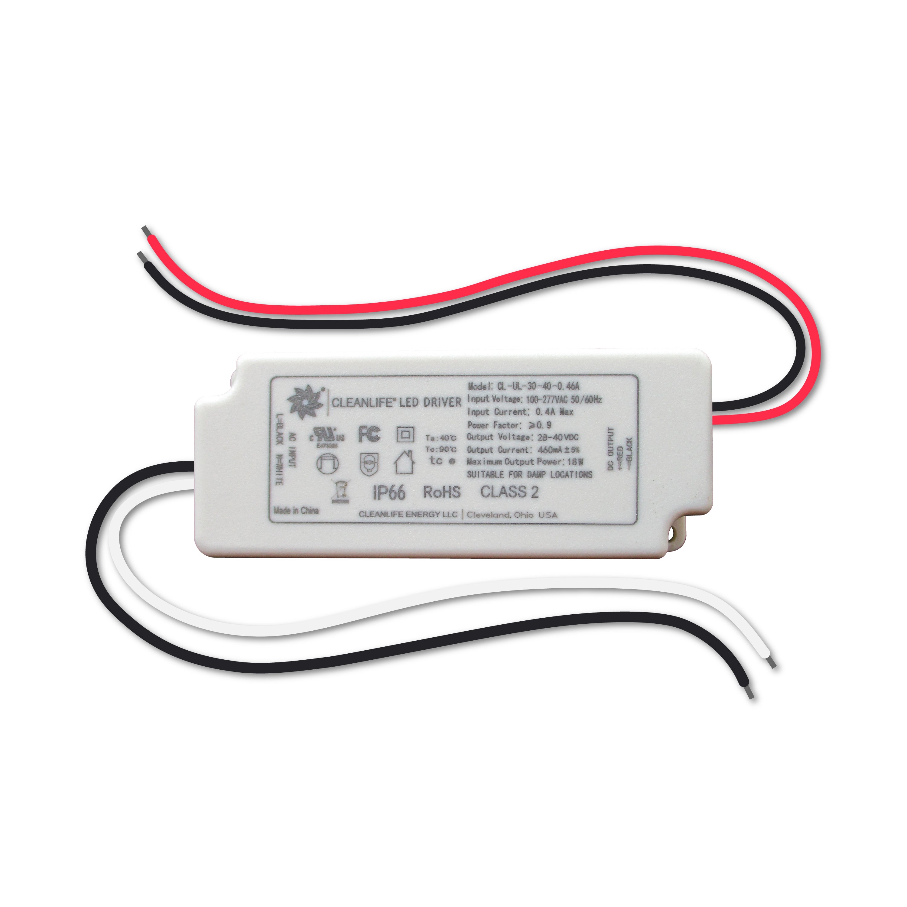 CLEANLIFE® CL-UL-30-40-0.46A LED Driver 28-40VDC 18W IP66