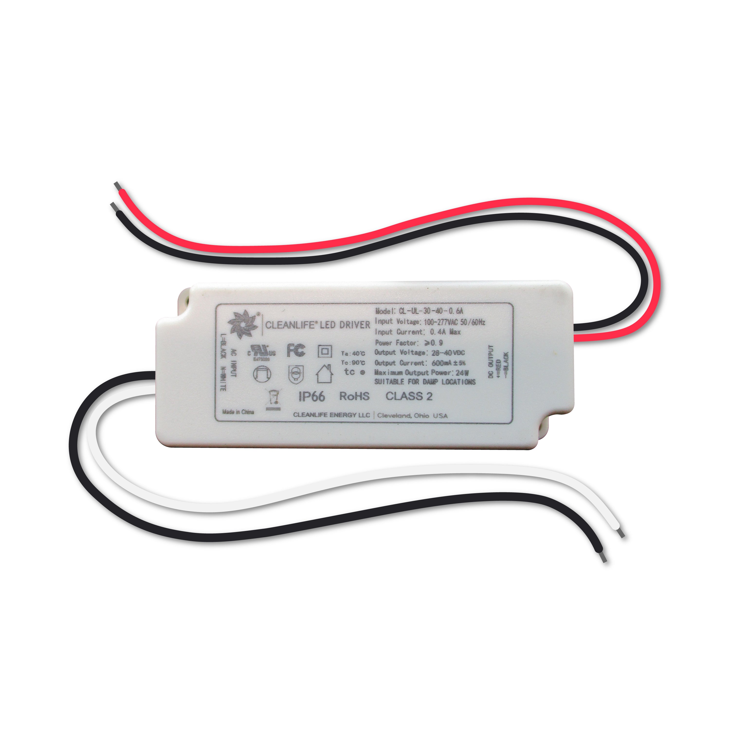 CLEANLIFE® CL-UL-30-40-0.6A LED Driver 28-40VDC 24W IP66