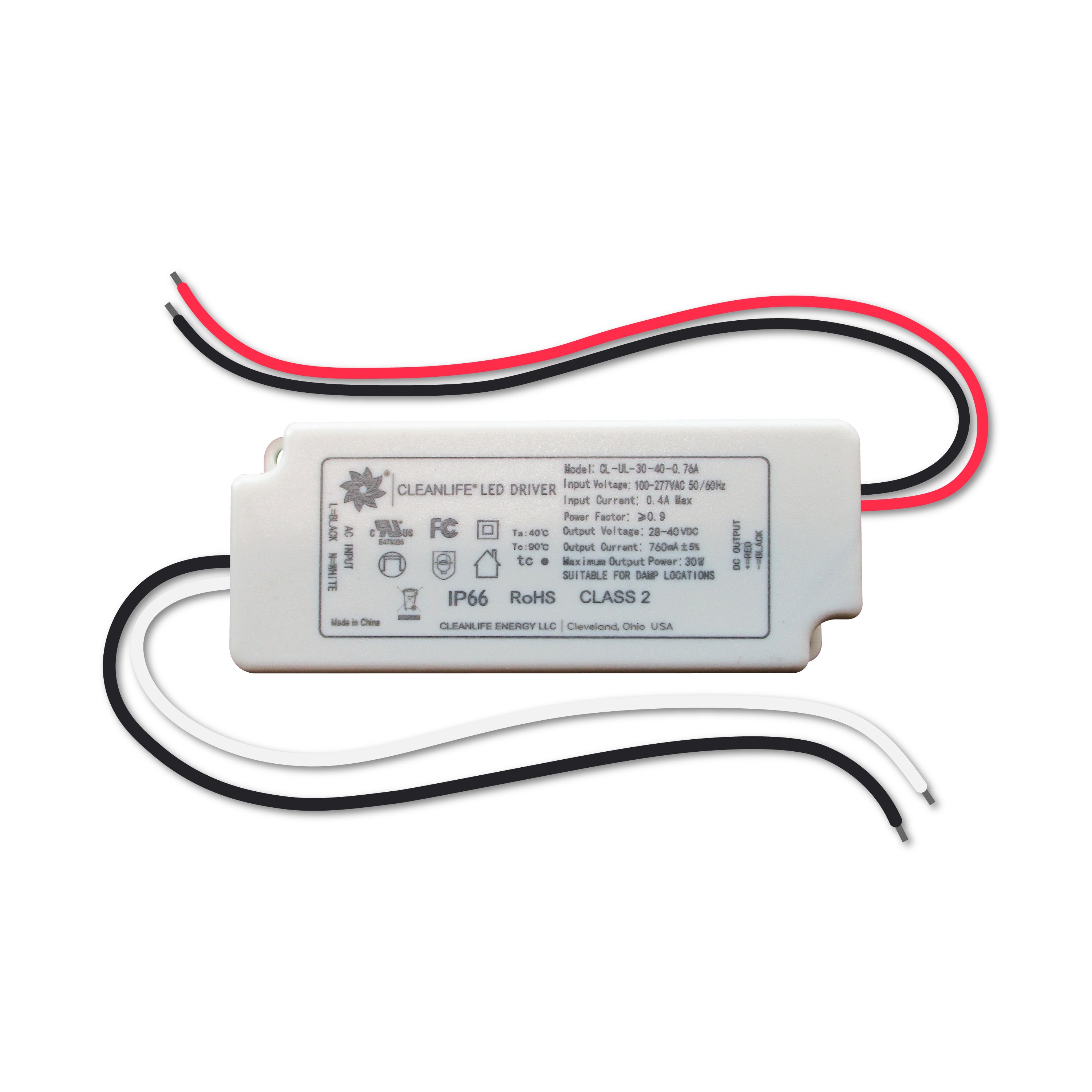 CLEANLIFE® CL-UL-30-40-0.76A LED Driver 760mA 28-40VDC Constant Current 30W IP66