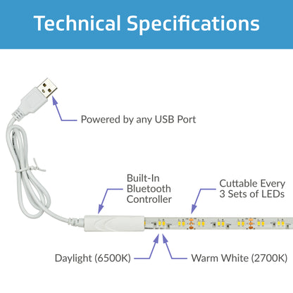 TrueColor® 5V USB-Powered Smart LED Light Strips - RGB+3000K or Tunable White, Bluetooth Control