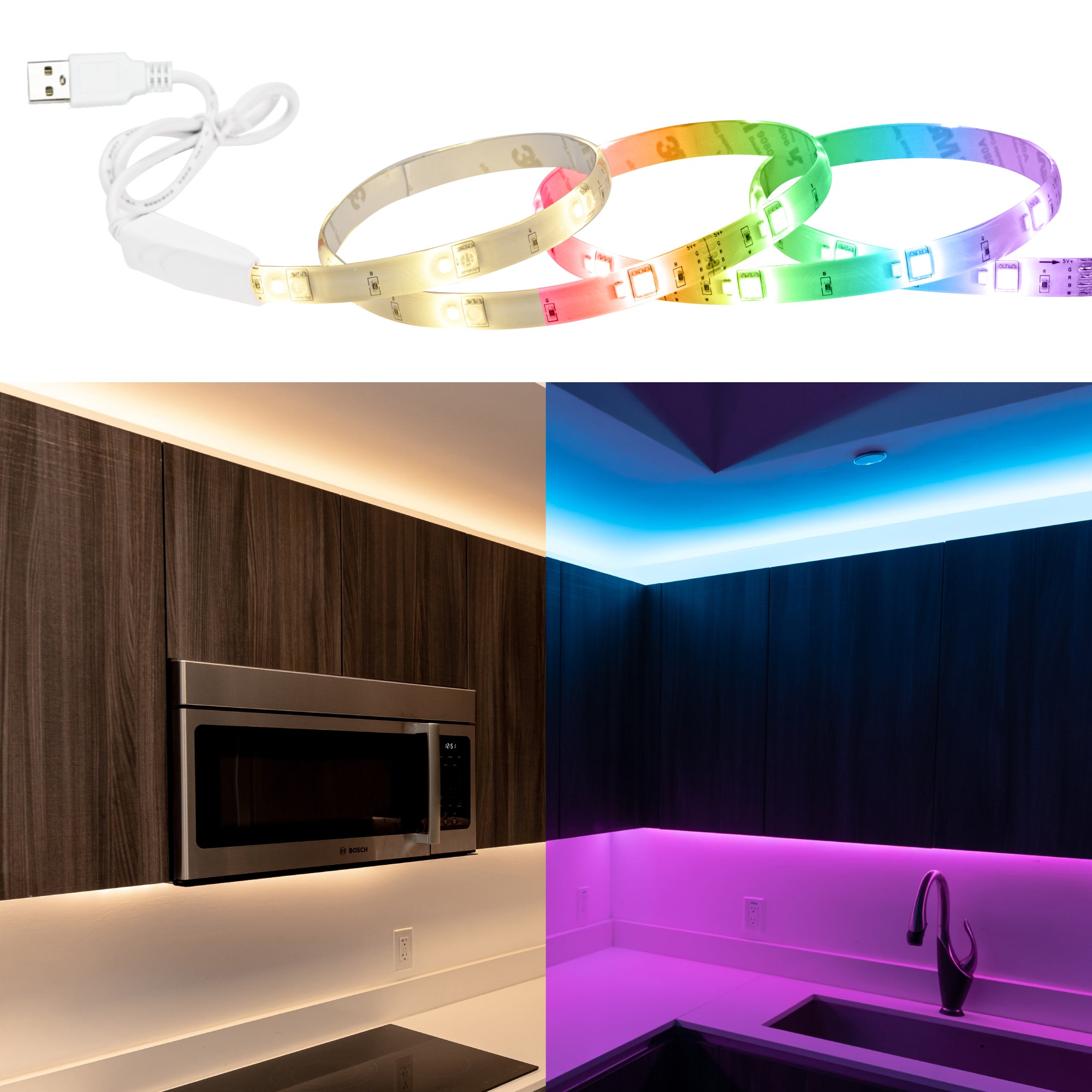 TrueColor® 5V USB-Powered Smart LED Light Strips - RGB+3000K or Tunable White, Bluetooth Control