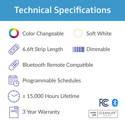 TrueColor® 5V USB-Powered Smart LED Light Strips - RGB+3000K or Tunable White, Bluetooth Control