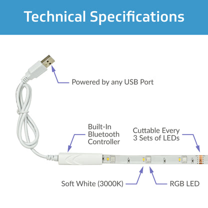 TrueColor® 5V USB-Powered Smart LED Light Strips - RGB+3000K or Tunable White, Bluetooth Control