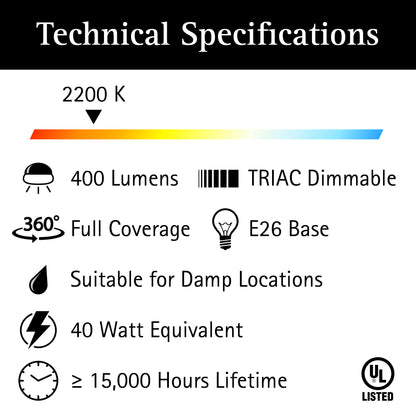 UltraLux® 120VAC G25 Amber Glass LED Light Bulb 5W (40W Equivalent) Dimmable